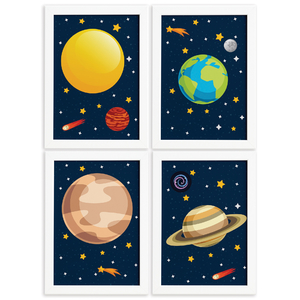 Quadros Para Quarto Infantil Sistema Solar Planetas Kit 4un Leroy Merlin Quadrinhos coloridos ficam ainda mais destacados e lindos sobre uma parede cinza, e o bom e que e uma combinacao para todas as idades esta imagem nos mostra outra opcao de decoracao para quarto infantil masculino pequeno: quadros para quarto infantil sistema solar planetas kit 4un