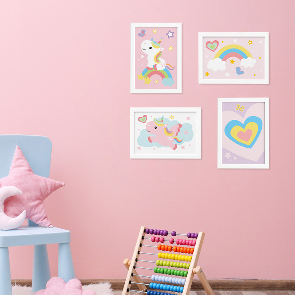 Quadros para Quarto Unicórnio 33x43cm Moldura Branca 4un