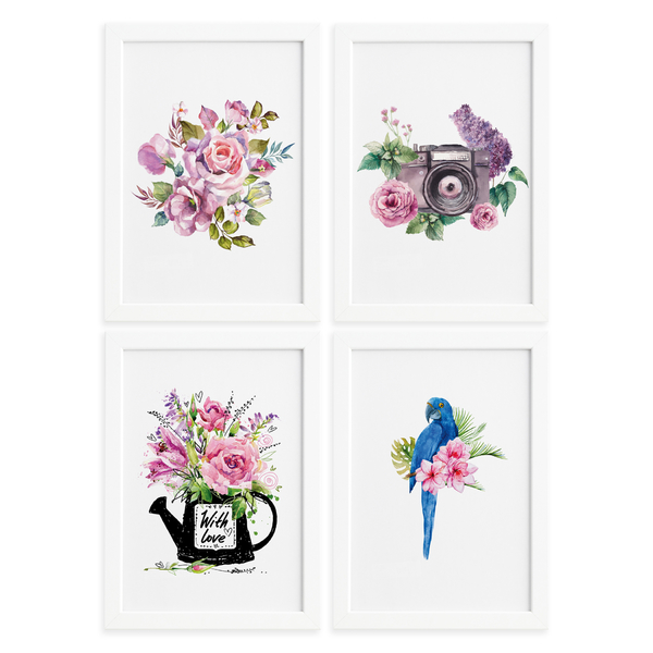 quadros para sala flores aquarela moldura branca 22x32cm 4un
