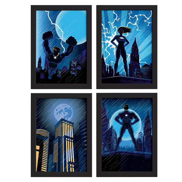 Quadros Super Heróis Geek Moldura Preta 33x43cm 4un
