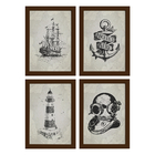 Quadros Vintage Náutico Moldura Marrom 33x43cm 4un