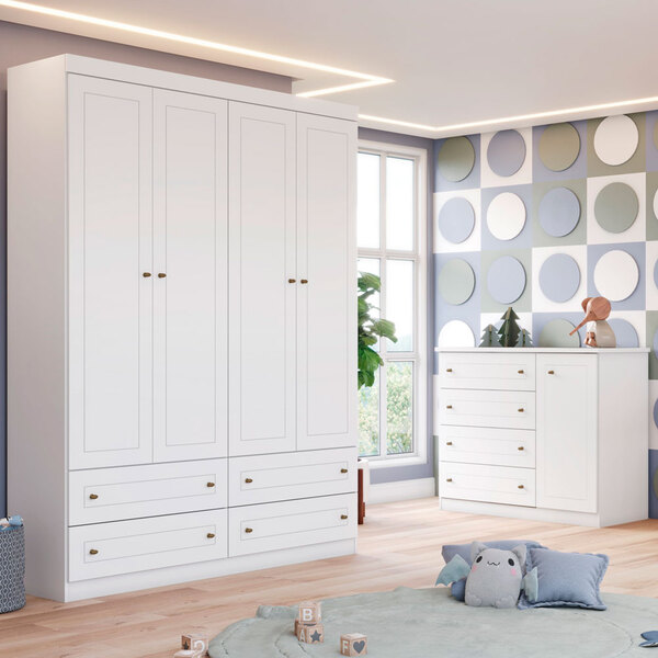 Quarto Americano Guarda Roupa E Cômoda Branco - Henn