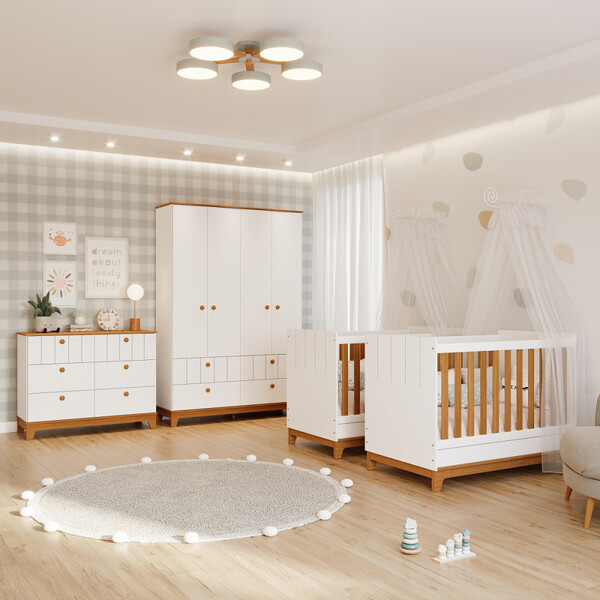 Quarto Bebê Gêmeos Com 2 Berços Mini Cama Cômoda E Guarda Rou