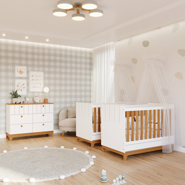 Quarto Bebê Gêmeos Com 2 Berços Mini Cama E Cômoda Liza Permo