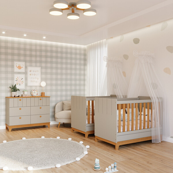 Quarto Bebê Gêmeos Com 2 Berços Mini Cama E Cômoda Liza Permo