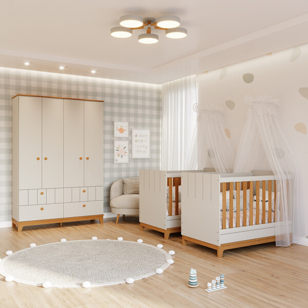 Quarto Bebê Gêmeos Com 2 Berços Mini Cama E Guarda Roupa Liza