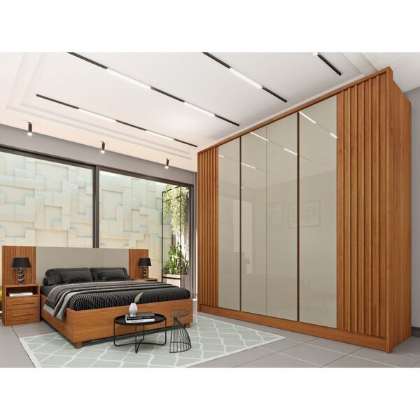Quarto Casal Ripado Guarda-roupa 6 Portas Com Cama E Cabeceir