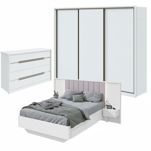 Quarto Com Guarda-roupa 3 Portas 6 Gavetas, Cômoda Urban 8 Ga