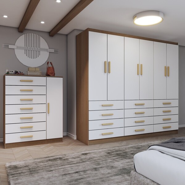 Quarto Completo Casal Catedral 7 Portas 19 Gavetas Branco/dem