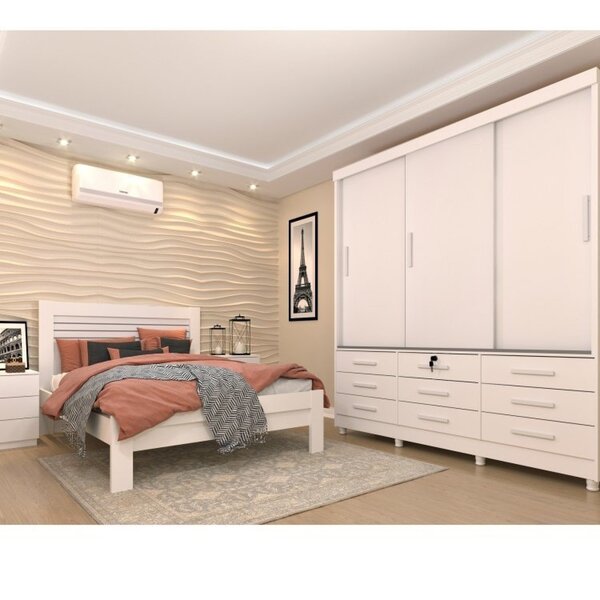 Quarto Completo Roupeiro 3 Portas, Cama Casal E Mesa De Cabec