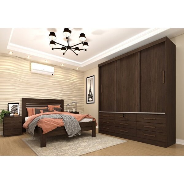 Quarto Completo Roupeiro 3 Portas Cama Casal E Mesa De Cabece