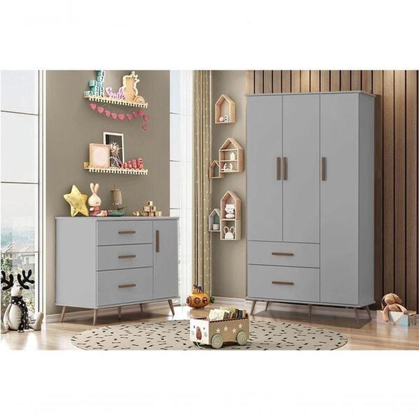 Quarto Completo Roupeiro 3 Portas Comoda Cinza