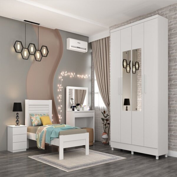Quarto Completo Roupeiro 4 Portas Cama Mesa De Cabeceira E Pe
