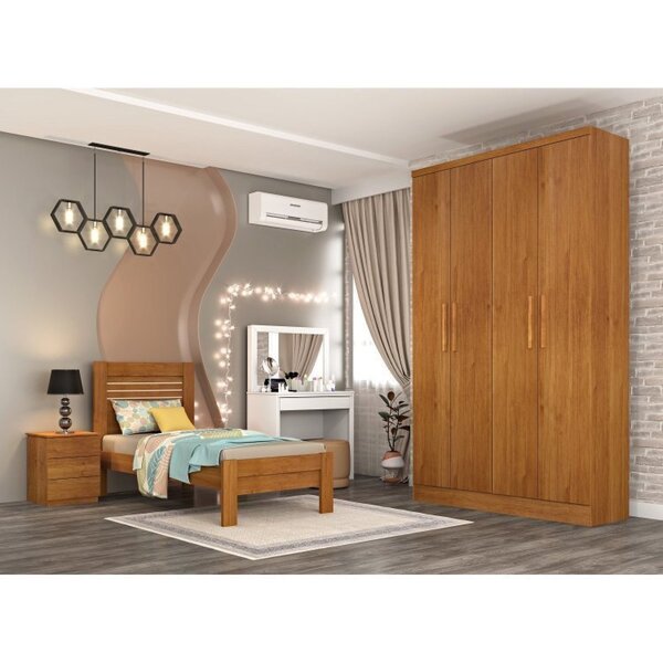 Quarto Completo Roupeiro 4 Portas Cama Mesa De Cabeceira Pent