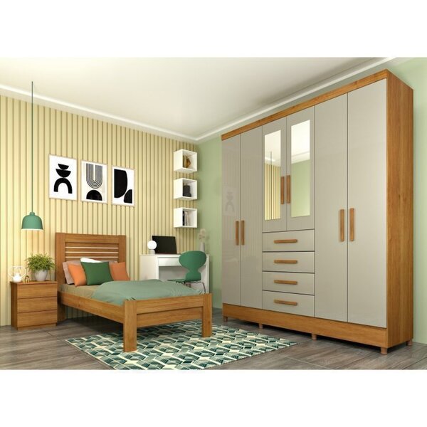 Quarto Completo Roupeiro 6 Portas, Cama Solteiro E Mesa De Ca