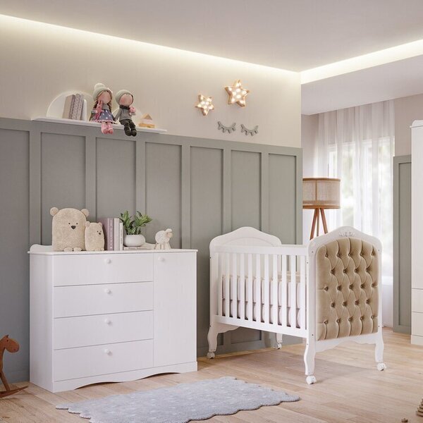 Quarto De Bebê 2 Peças Com Berço Capitonê Cômoda 4 Gavetas Aq