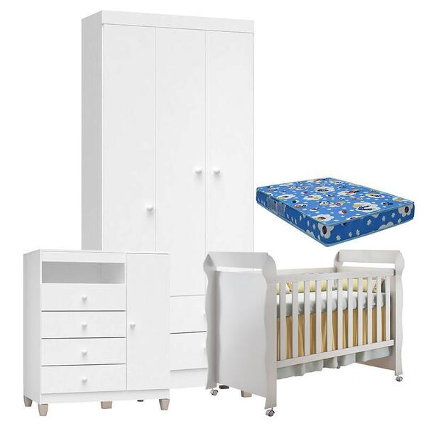 Quarto De Bebê 3 Portas Ternura Baby Com Berço Mirelle Branco