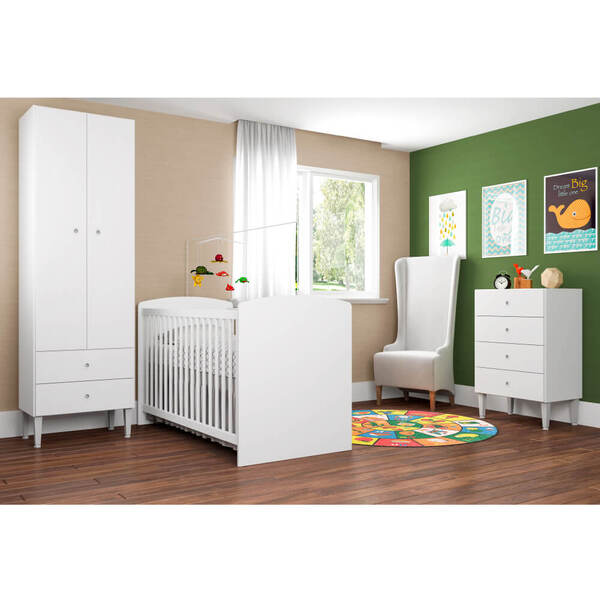Quarto De Bebê Aconchego Berço, Guarda Roupa E Cômoda Branco