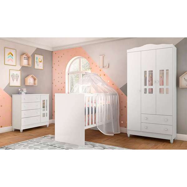 Quarto De Bebê Ariel Viii Berço Guarda-roupa Cômoda Branco In