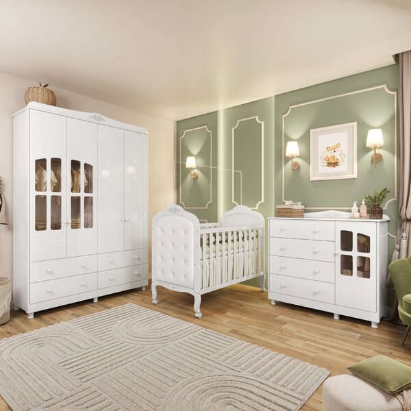 Quarto De Bebê Berço Com Capitonê Guarda Roupa E Cômoda Com J