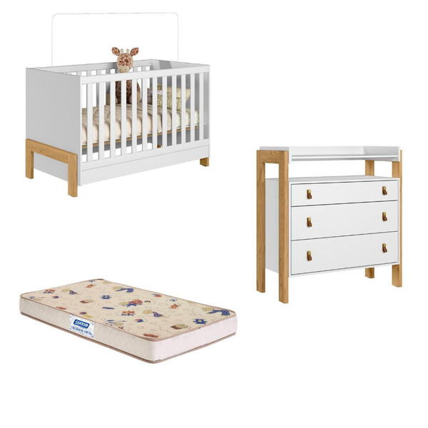 Quarto De Bebê Berço Mini Cama  Cômoda 3 Gavetas Fantasia Qmo