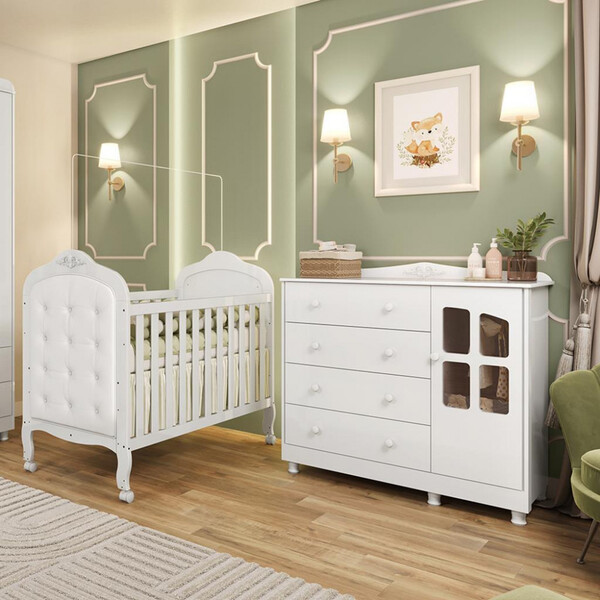 Quarto De Bebê Berço Mini Cama Com Capitonê Mdf Cômoda Elô Ne