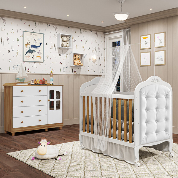 Quarto De Bebê Berço Mini Cama Com Capitonê Mdf Cômoda Elô Ne