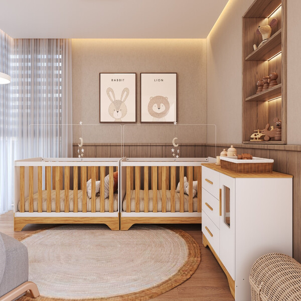 Quarto De Bebê Com 2 Berço Mini Cama Cômoda 1 Portas 3 Gaveta