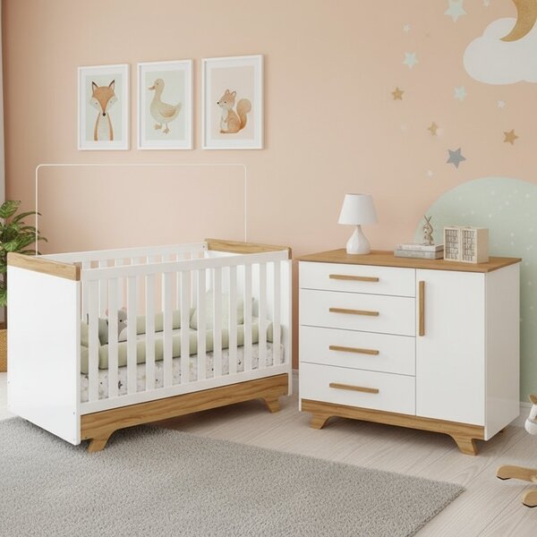 Quarto De Bebê Com Berço 2 Em 1 E Cômoda 100% Mdf Kakau Retrô