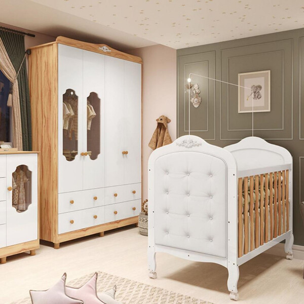 Quarto De Bebê Com Berço Mini Cama Com Capitonê E Guarda Roup