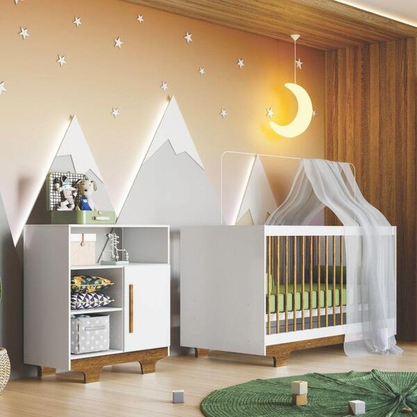 Quarto De Bebê Com Berço Mini Cama Com Colchão E Cômoda Floco