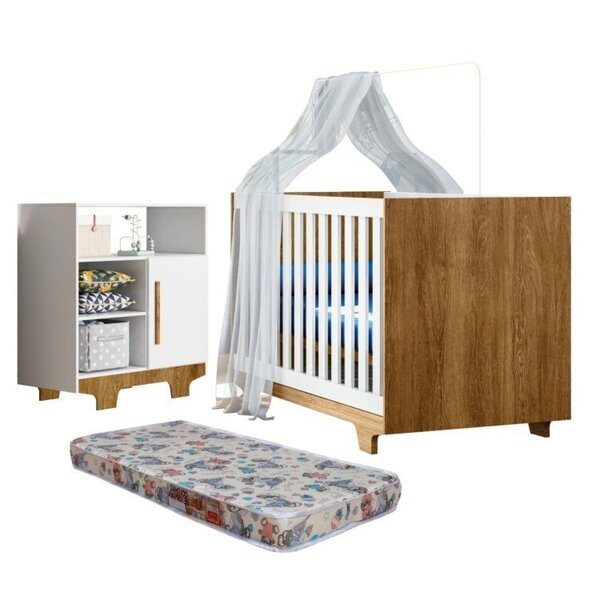 Quarto De Bebê Com Berço Mini Cama Com Colchão Life E Cômoda