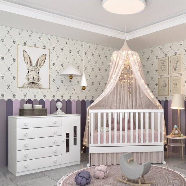 Quarto De Bebê Com Berço Mini Cama E Cômoda 5 Gavetas Evoluti
