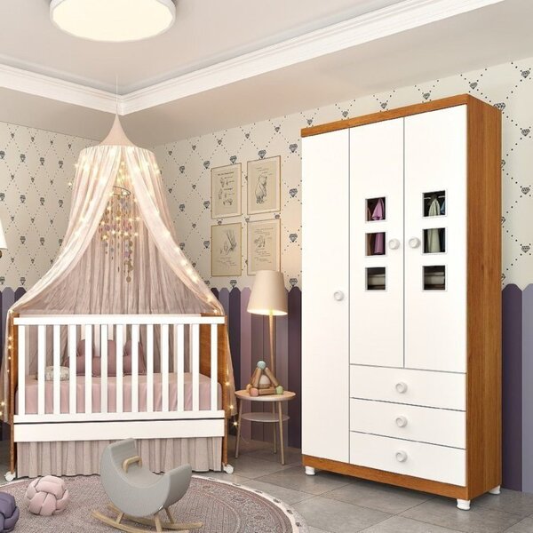 Quarto De Bebê Com Berço Mini Cama Sonetto E Guarda Roupa 3 P