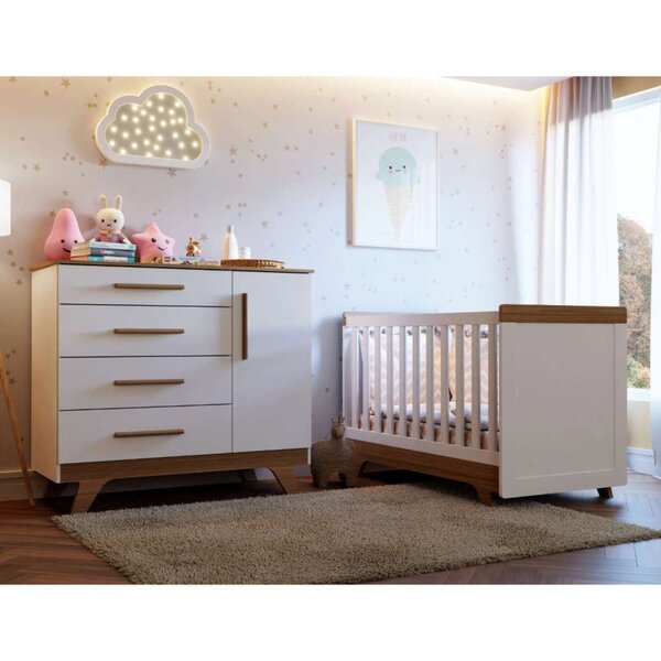 Quarto De Bebê Com Cômoda E Berço 100% Mdf Jolie Retrô  Branc