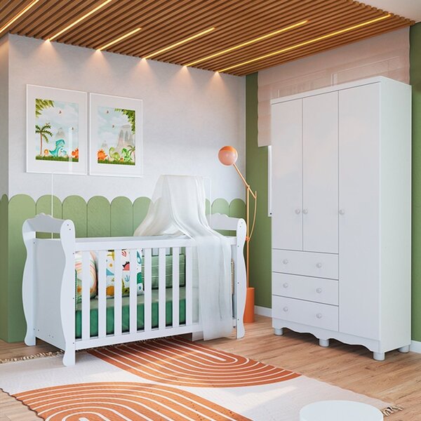 Quarto De Bebê Com Guarda Roupa 3 Portas 3 Gavetas E Berço Mi