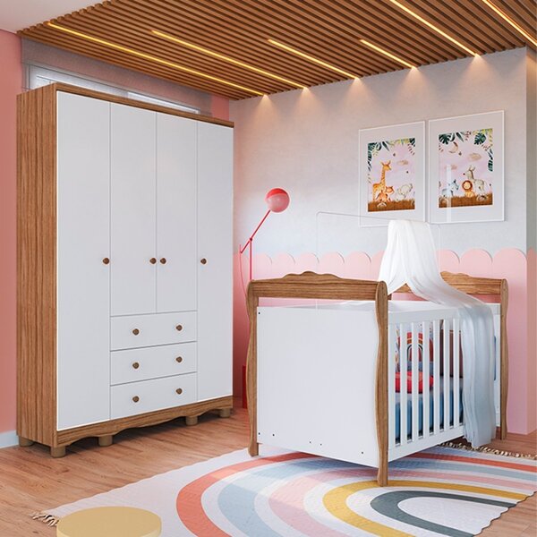 Quarto De Bebê Com Guarda Roupa 4 Portas 3 Gavetas E Berço Ni