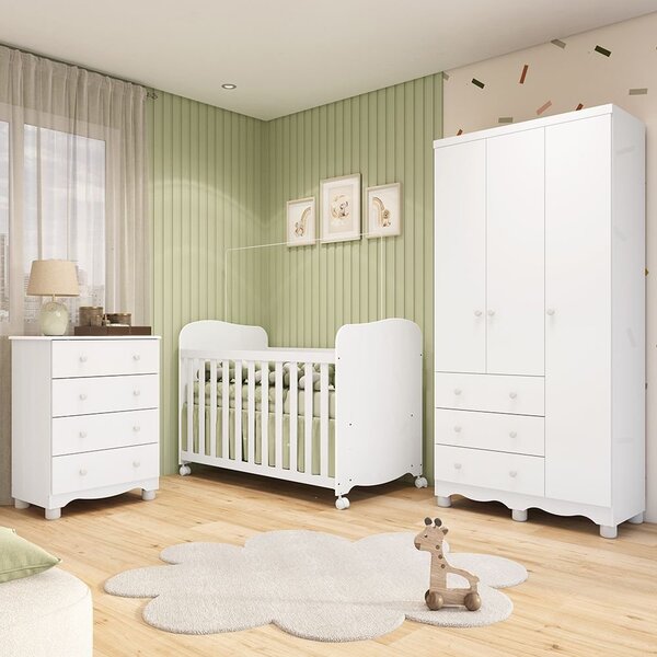 Quarto De Bebê Com Guarda Roupas 3 Portas Cômoda E Berço Com
