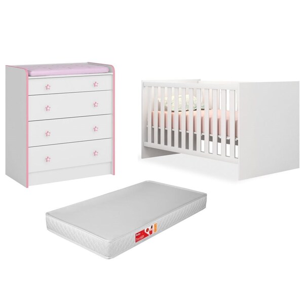 Quarto De Bebê Cômoda 2523 E Berço 1344 Doce Sonho Com Colchã