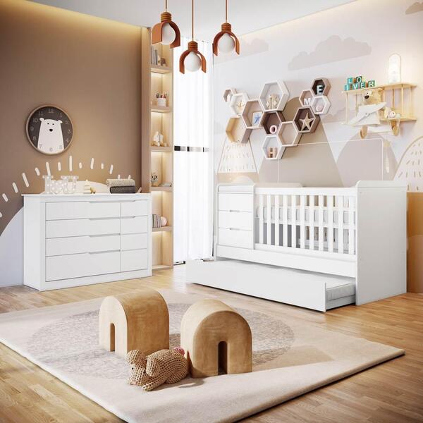 Quarto De Bebê Cômoda Infantil 5 Gavetas Com Fraldário Berço