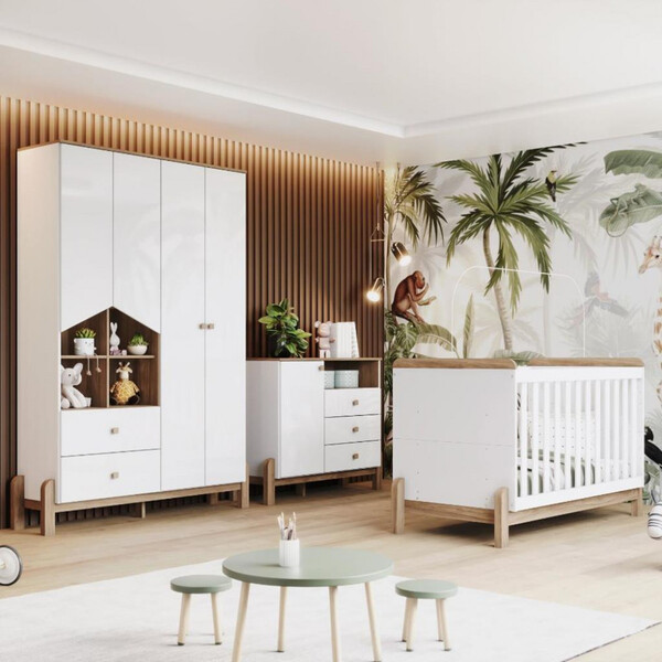 Quarto De Bebê Completo Berço 2 Em 1 Guarda Roupa 4 Portas E