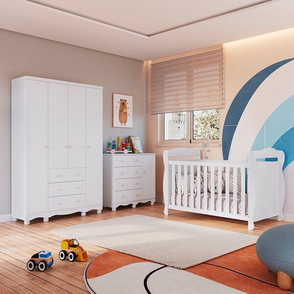 Quarto De Bebê Completo Berço 3 Em 1, Guarda-roupa 4 Portas E