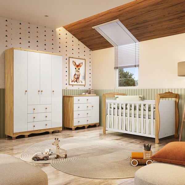 Quarto De Bebê Completo Berço 3 Em 1, Guarda-roupa 4 Portas E