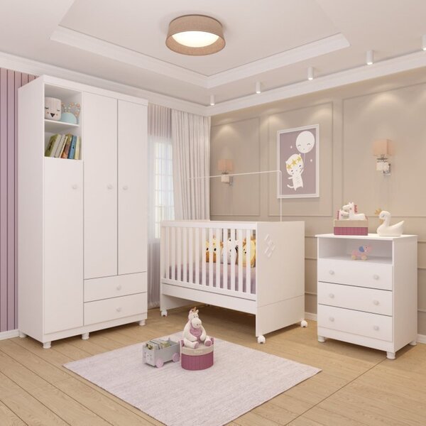 Quarto De Bebê Completo Berço Guarda Roupa 3 Portas Cômoda 3