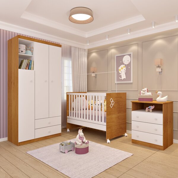 Quarto De Bebê Completo Com Berço 3 Em 1 Guarda Roupa 3 Porta