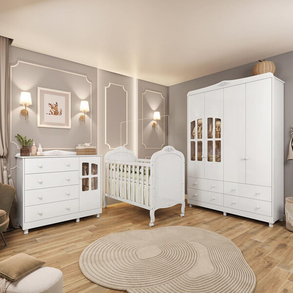 Quarto De Bebê Completo Com Berço Mini Cama Guarda-roupa E Cô