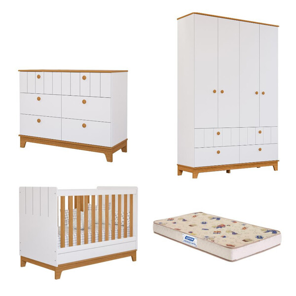 Quarto De Bebê Completo Com Guarda Roupa Cômoda Berço E Colch