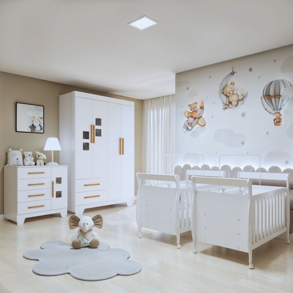 Quarto De Bebê Completo Gêmeos Com Guarda-roupa, 2 Berços E C
