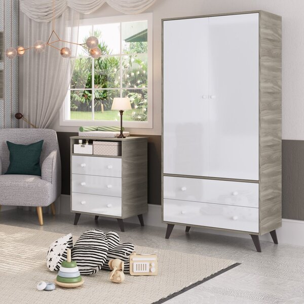 Quarto De Bebê Completo Roupeiro 2 Portas 2 Gavetas Com Cômod
