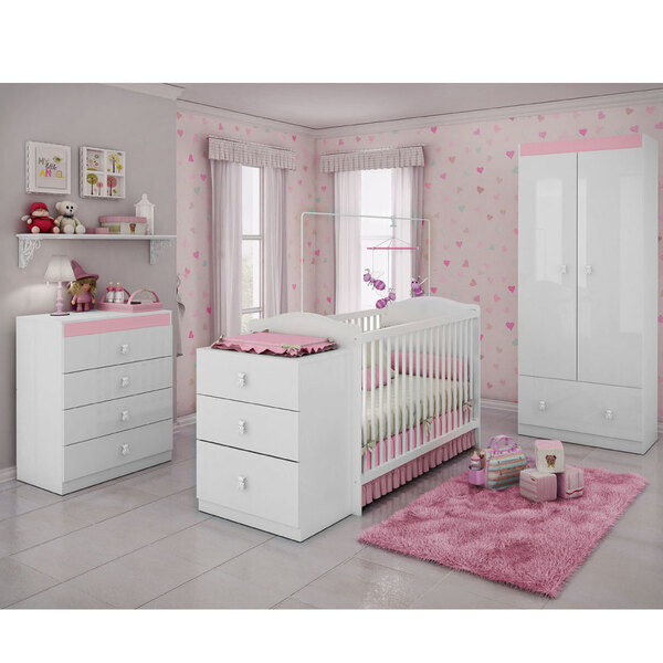 Quarto De Bebê Completo Sabrina 3 Em 1 - Branco/rosa